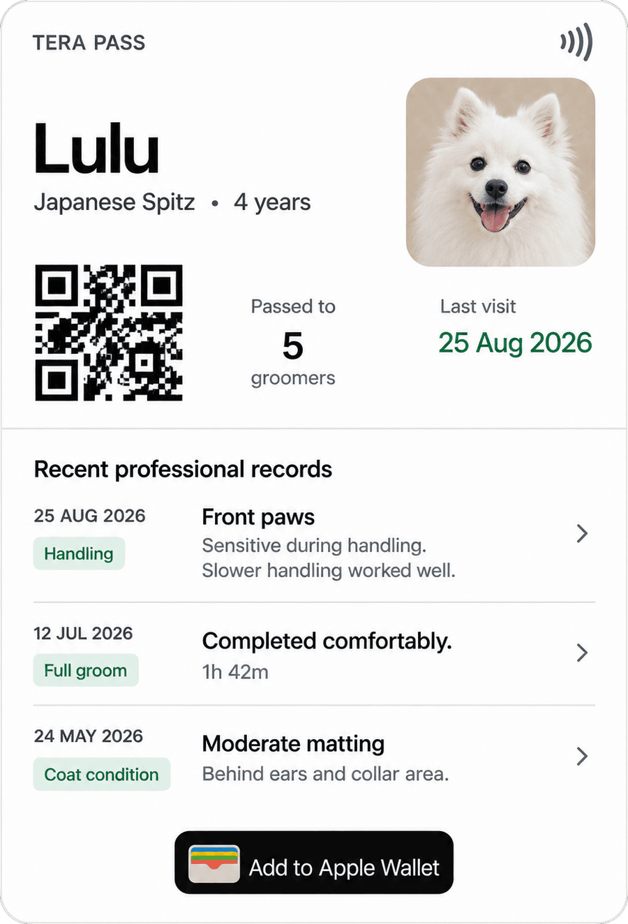 Lulu’s TERA pass — a four-year-old Japanese Spitz, her photo and QR code, and three recent professional grooming records.